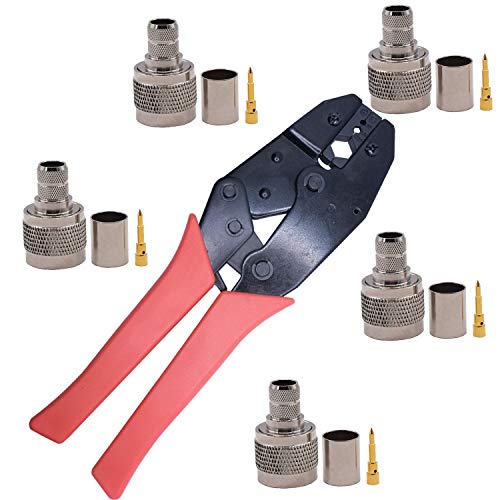Conector N Macho 5 Piezas y Crimpadora Coaxial ,Kagni Conector Coaxial Tipo N y Kit de Herramientas de Compresión Cable Coaxial para RG8 RG213 RG214 LMR400