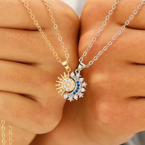 Sun Moon Necklace Set Stackable Necklace for Women Men Sparkling Gold Silver Rhinestone Sun Pendant Necklace Couple Necklaces Matching Necklaces as Friendship Best Friend Jewelry for Women Men2