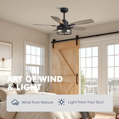 Image of 42 Inch Flush Mount Ceiling Fans with Lights and Remote Control, Farmhouse Ceiling Fan with LED Lighting for Bedroom Living Room and Patio, Black Caged Ceiling Fan for Indoor and Outdoor(NO Bulbs)