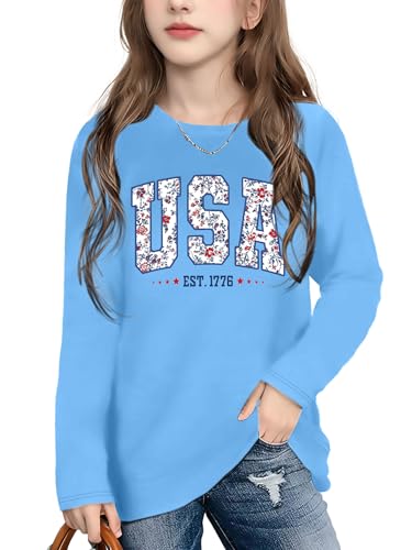 Image of Ithalt 4th of July Outfit Kids Girls American T Shirt USA T-Shirt Fourth of July Tops Patriotic Long Sleeve Tops