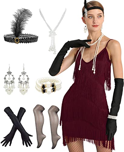Image of Women 1920s Gatsby Flapper Dress Sexy Open Back Strap Fringed Cocktail Party Dress with 20s Accessories