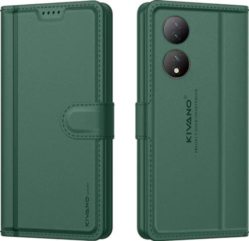 Image of KIVANO LUXE Compatible for Vivo T2 5G / Vivo Y100 5G Luxury Handmade Leather Magnetic Flip Folio Case | Card Holder & Kickstand | Slim Protective Cover | Unisex - Green