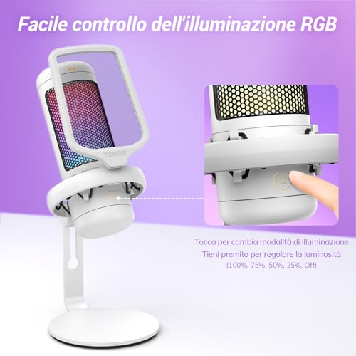 TONOR TC320 Microfono Gaming USB con RGB/Controllo Guadagno, Mute Touch per Streaming, Podcast, Registrazione, Twitch/YouTube/Discord, Microfono Condensatore per PC con Supporto Mac/PS4/PS5/NS Bianco - Immagine 2