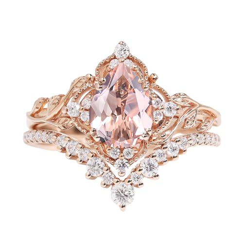 Pear Cut Gemstone Engagement Ring Set - Vintage 2pcs V Shaped Promise Ring in 10K, 14K, 18K White & Yellow Rose Gold