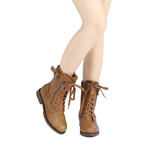 DREAM PAIRS Women's Mid Calf Built-in Wallet Pocket Lace up Military Combat Boots,Size 7,All Camel,MISSION