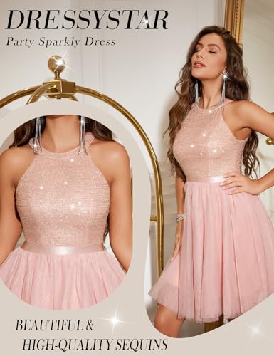 Image of Dressystar Women's Sequin Short Prom Dress Sparkly Halter Tulle Cocktail Party Homecoming Dresses