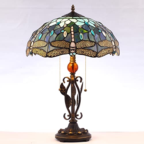 Avivadirect Tiffany Lamp Sea Blue Stained Glass Dragonfly Table Lamp 16X16X24 Inches Antique Iron Metal Leaves Memory Tiffany Style Lamp For Bedroom Living Room Office #TOP1