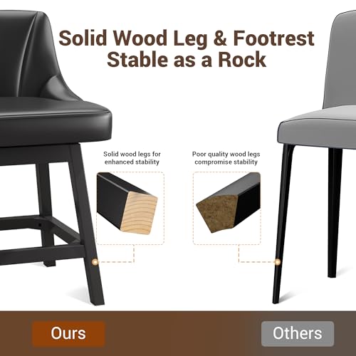 Image of YaFiti Bar Stool with Backs 1 Pcs, 26 inch Counter Height Bar Stools, Modern PU Leather Extra Upholstered Swivel Barstools with Square Solid Wood Legs for Kitchen Island, Black