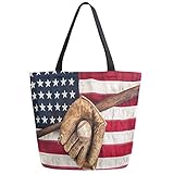 ZzWwR 3d Vintage Baseball Bat Glove and Ball American Flag Print Extra Large Canvas Shoulder Tote Top Storage Handle Bag for Gym Beach Weekender Travel Reusable Grocery Shopping
