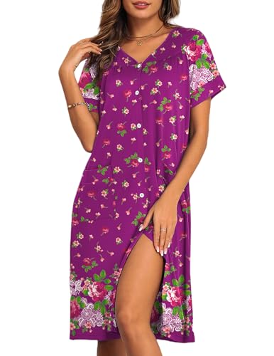 Image of Ekouaer House Dresses for Women with Pockets Button Down Nightgowns Plus Size Moo Moos Mumu Dresses Floral Print S-3XL
