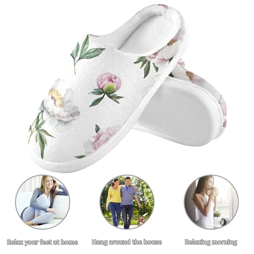 JUNZAN Unique Peonies White Womens House Cotton Slippers Closed Toe Memory Foam Ladies Slippers for Outdoor Funny Presents 6-73
