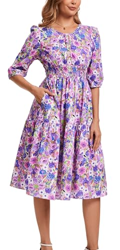 Image of Kormei Women Summer Casual Boho Floral Round Neck 3 /4 Sleeve Smocked Waist Tiered Flowy Swing Midi Dress S Purple /Blue Floral
