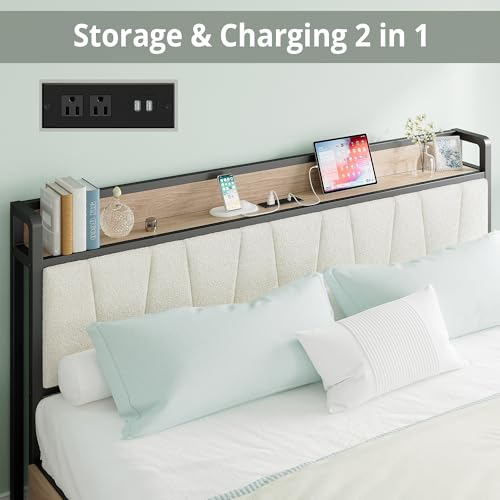 Image of LIKIMIO California King Bed Frame with 4 Storage Drawers, Platform Bed with Charged Headboard, Sturdy and Stable, No Noise, No Box Spring Needed, Easy to Install, Wood and Cream