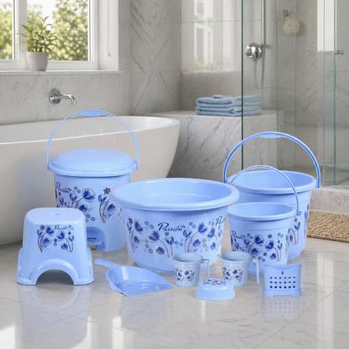 Image of Heavy Duty Virgin Plastic Large Capacity 16 L Bucket, 5 L Bucket, Patla, Deep Tub, Dustbin, 1.5 L Mug, 1 L Mug, Soap Case, Dustpan, Tooth Brush Stand Bathroom Set (Blue, King)