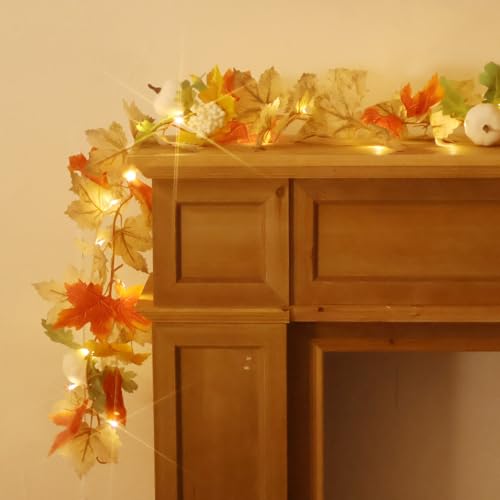 Image of Fall Garland with Lights, 5.6FT Lighted Fall Leaves Garland with Pumpkins, Battery Powered Maple Leaf Decorations for Home, Thanksgiving Fall Decorations Fireplace Proch Indoor, Timer