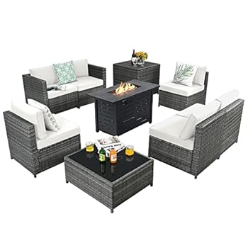 Alternative view of Tangkula 9 Pieces Patio Rattan Furniture Set, Patiojoy Sectional Sofa Set w/Storage Box, Coffee Table, Outdoor Wicker Conversation Set w/ 42” ETL Approved Propane Fire Pit Table (White)