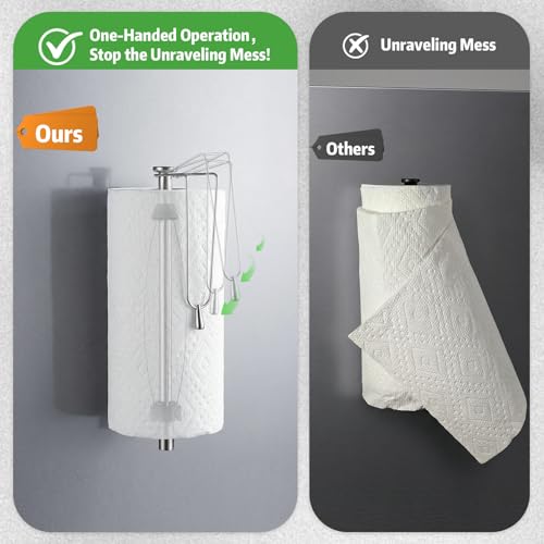 Image of KIHOGEM Magnetic Paper Towel Holder for Fridge, Stainless Steel Paper Towel Holder Magnetic with Gravity-Weighted Arm, Kitchen Paper Towel Holder with 2 Metal Plates for Wall, Cabinet, RV