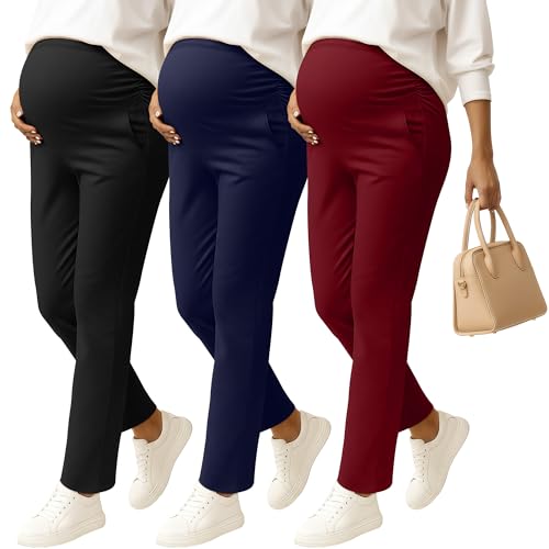 Sweetyweee Women's Maternity Pants – 3-Pack, Medium, 3 Colors – Comfortable Pregnancy Bottoms