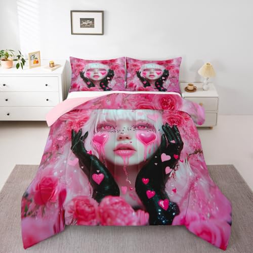 Image of Erosebridal Black and Pink Girl Bedding Sets Anime Gifts for Women Girls Romance Rose Girl Comforter Set Glitter Love Hearts Decor Duvet Insert Modern Lady Fashion Girls Bed Set King 3 Pieces