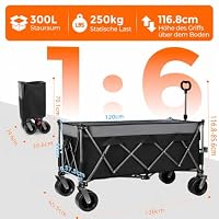 Citybay Bollerwagen Faltbar 300L, 250 KG Belastbar, All-Terrain-Räder & Doppelbremsen, Verstellbarer Griff & Seitentasche，Strand/Wanderung/Camping/Einkauf, Schwarz – Ansicht 7