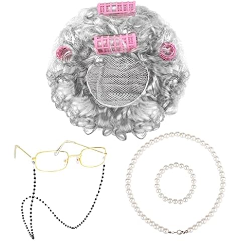 URATOT 5 Pieces 100 Days of School Old Lady Wig Costume Set Grandma Wig with Hair Rollers Glasses Chain Necklace Bracelet Cover