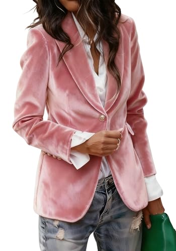LKOUS Women's Solid Long Sleeve Velvet Blazer,Business Open Front Slim Fit Suit Jackets Work Office Outfits Pink
