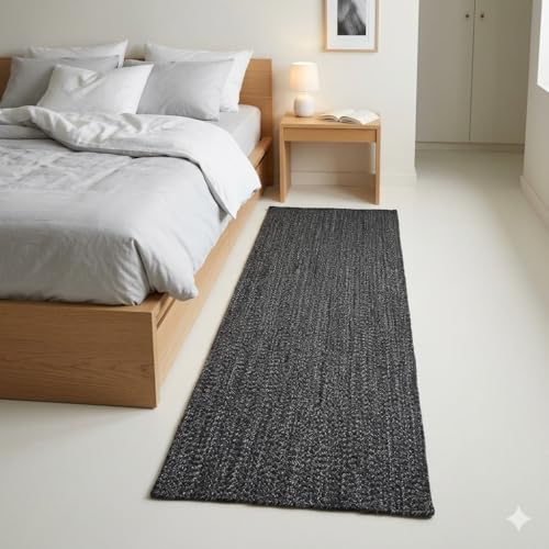 Image of Handmade Cotton Braided 2x8 feet Runner Rug - Washable, Low Pile Reversible Floor Mat for Bedroom, Kitchen, Entryway & Living Room - Eco-Friendly Woven Carpet - (Charcoal, Rect)