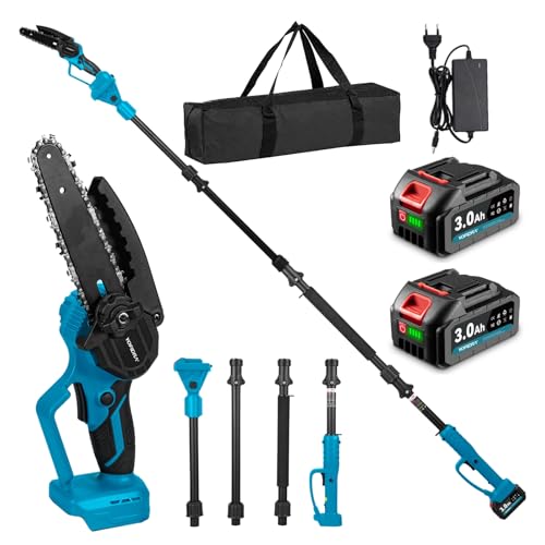Yofidra 2 en 1 Motosierra Inalámbrica, Motosierra Telescópica Eléctrica de 6 Pulgadas con 2 Baterías de 3.0Ah, Poste Desmontable de hasta 4.6M, para Cortar Ramas de Árboles