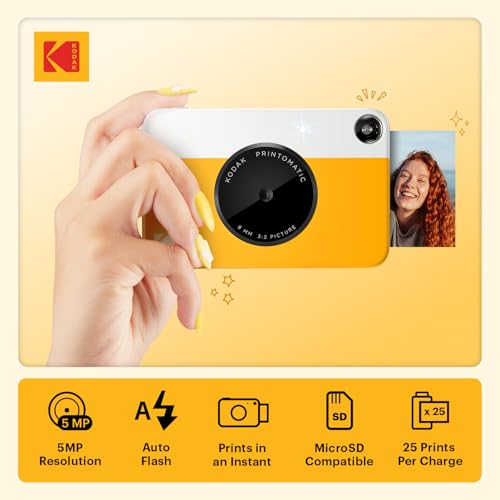 Image of KODAK Printomatic Full-Color Instant Print Digital Camera, Zink 2x3 inch (5.1x7.5 cm) Sticky-Back Photo Paper, 5MP, Portable, Creative Fun Gift for Birthday, Christmas, Holiday, Yellow
