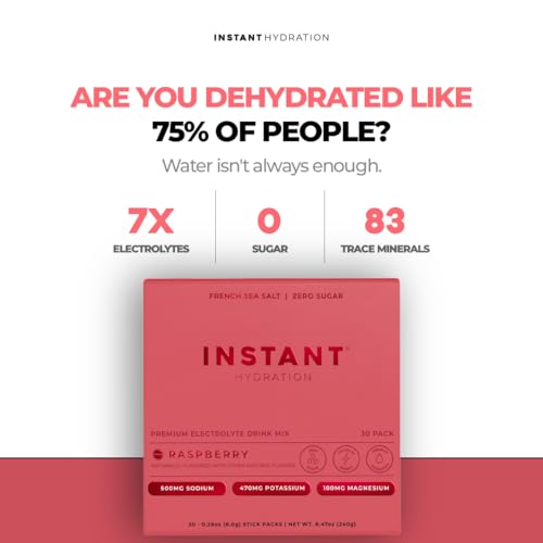 Image of Instant Hydration Electrolytes Powder Packets - Raspberry Electrolyte Drink Mix - Zero Sugar - Keto, Vegan, Gluten-Free, Non-GMO - Boost Recovery, Brain Health, Muscle & Tissue Support- 30 Sticks