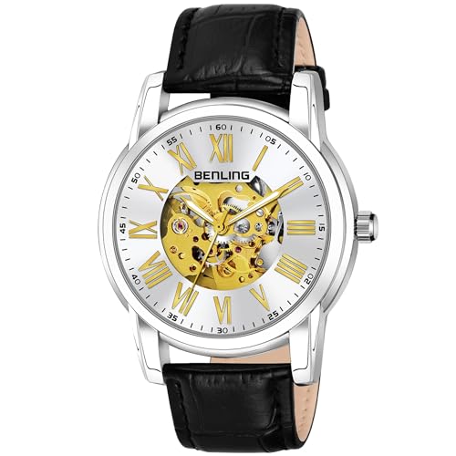 Image of Benling Skeleton Analog Automatic Watch for Men, Mechanical Movement, Leather Strap, Formal Casual Party Official Purpose