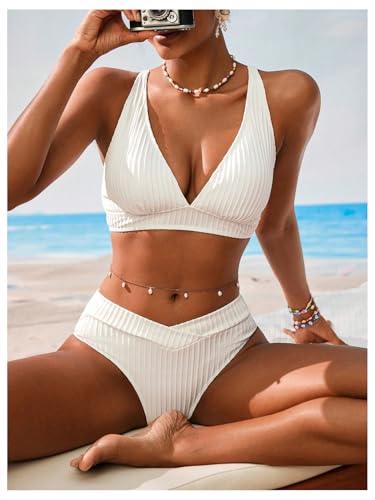 Women's 2 Piece Crossover High Waisted Bikini Set Textured V Neck Bathing Suit Swimsuit4