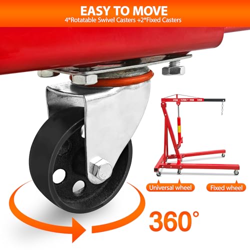 LOCKIETTA Engine Hoist with Lever, 2 Ton 4450 LBS Heavy Duty Engine Lift Cherry Picker, Foldable Engine Crane Shop with 6 Casters and Telescopic Boom Hitch, Red - Thumbnail 6