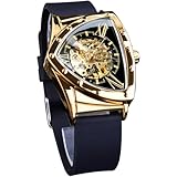 FORSINING Skeleton Watches for Men, Automatic Mechanical Watch with Triangle Dial, Luminous Self Winding Watches Soft Silicone Strap