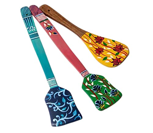 Vistosa Wall Hanging Decoration for Home | Living Room | Dining | Staircase Wall | Hand Painted Solid Wood Spatula | Set of 3 | Height 12"
