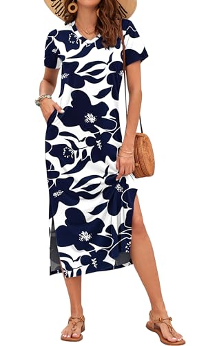 AUSELILY Damen Sommer Kurzarmkleid Leichten - Damen Maxi Schlitz Elegant Kleider Weiß Marineblau Blume XXL