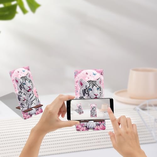 Image of White Tiger Diamond Painting Phone Stand with Mirror, DIY Wooden 2-in-1 Decorative Diamond Art Desktop Holder, Crystal Diamond Gem Painting Craft Kit Gift for Beginners Adults