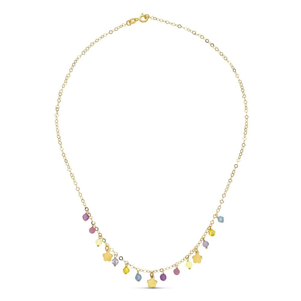 18 Karat Goldhalsband für Damen mit Steinen in verschiedenen Farben und glatten Blumenanhängern
