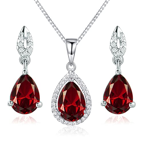 JIANGXIN Waterdrop Red Garnet Birthstone 925 Sterling Silver White Gold Plated Fine Jewelry Set for Women Pendant Necklace Stud Earring