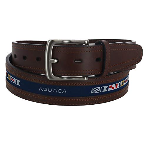 Nautica Men's Reversible Belt with Ribbon Inlay, 42, Cognac