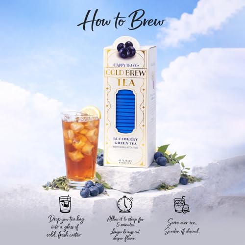 Image of Life Plus Style Gourmet Happy Tea Company Blueberry Green Tea Naturally Refreshing Cold Brew Tea Low Caffeine No Sugar Added Enjoy 40 Individually Wrapped Iced Tea Bags
