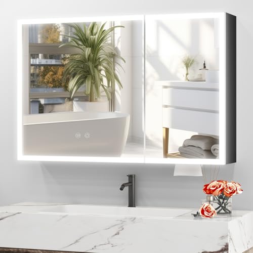 JBLCC Fully Assembled Medicine Cabinet with Lights, 31.5''x23.62'' LED Lighted Bathroom Mirror with Storage, Smart Anti-Fog, Aluminum Wall Mounted or Recessed Medicine Cabinet, Black