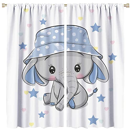 Image of Denruny Cartoon Cute Elephant Curtain Nursery Baby Elephant with Blue Hat Windows Drapes for Nursery Room Kids Room Gifts for Boys and Girls Rod Pocket 2 Panels 21W x 45L