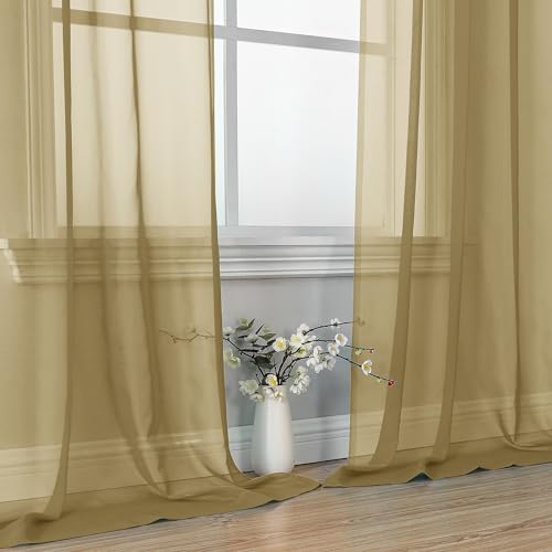 Image of OVZME Gold Sheer Curtains 84 Inches Long 2 Panels - Soft Light Filtering Window Sheer Panels for Living Room /Bedroom, Top Dual Rod Pocket, 1 Pair, Each 42Wx84L Inches