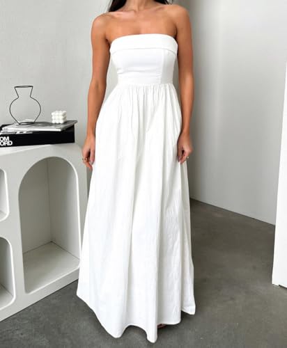 Image of Women Summer Strapless Maxi Tube Dress 2024 Trendy Solid Pleated Flowy Dress Wedding Guest Maxi Dresses Party Club