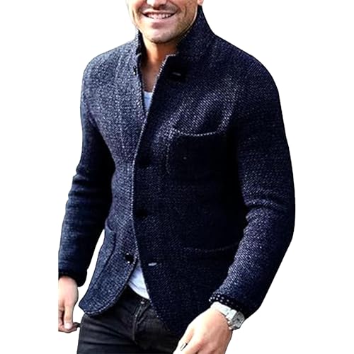 Men's Blazer Collar Button Knit Cardigan Long Sleeve Casual Open Front Men Sweaters Cardigans Casual Sweater Sport Pockets Coat Dark Blue