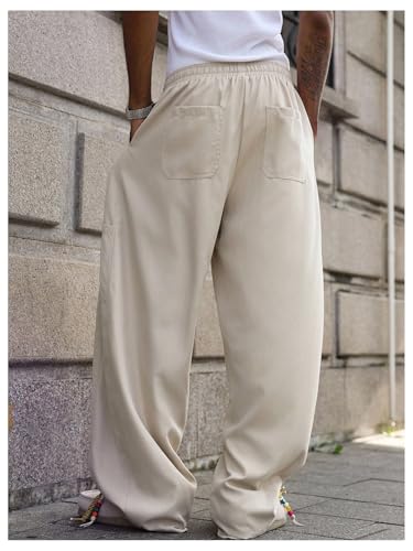 OYOANGLE Men's Drawstring Waist Wide Leg Pants Solid Work Office Casual Trousers with Pockets3