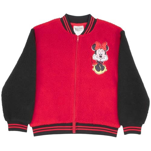 Disney Minnie Mouse Girl's Zip-Up Varsity Bomber Jacket - Casual Lightweight Coat with Minnie Mouse Design for Kids (Red and Black, Size 5)
