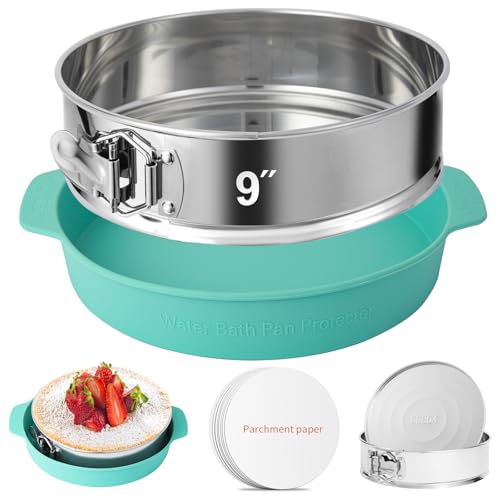 9 Inch Springform Pan - 304 Stainless Steel Nonstick Springform Cake Pan with Removable Bottom, 10 Inch Silicone Leakproof Cheesecake Pan Protector with Parchment Paper