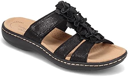 Clarks Women's Laurieann Judi Flat Sandal, Black Synthetic/Leather Combination, 9 | Image 3